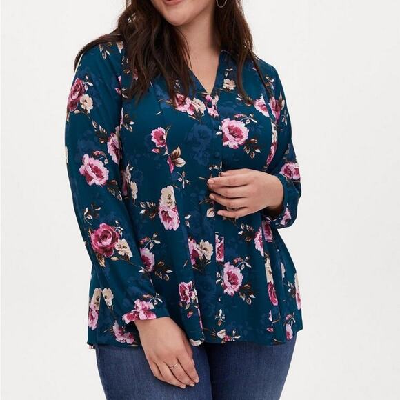 Torrid Fit And Flare Georgette Floral Turquoise Blouse Size 0/12 - Picture 1 of 6
